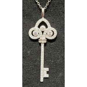 Triangle vintage style key necklace, silver and faux diamonds